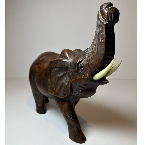 Hand Carved Wood Elephant Figurine with Trunk Up for Luck 5.75" Tall Collectable - Picture 4 of 10